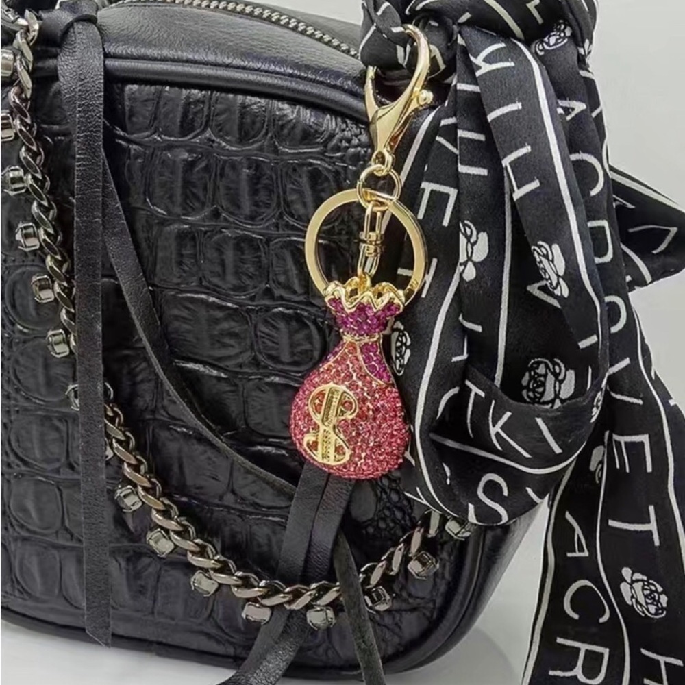 Pink Rhinestone + Gold Money Bag Bling Keychain, Purse Charm - Picture 14 of 17